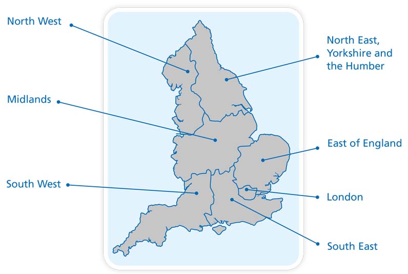 Image of a map of England divided into regions.  There are 7 regions labelled: Midlands, South West, South East, London, East of England, North West and North East, Yorkshire and Humber 