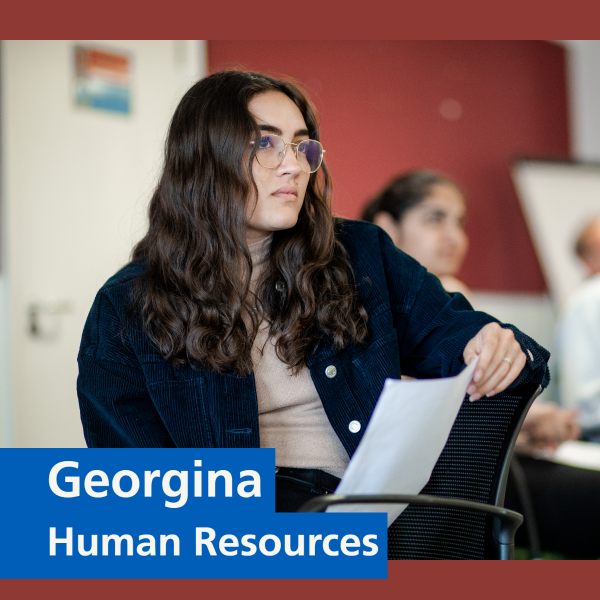 Image of a person smiling at the camera with text that says 'Georgina, Human Resources'