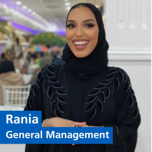 Image of a person smiling at the camera with text that says 'Rania, General Management'