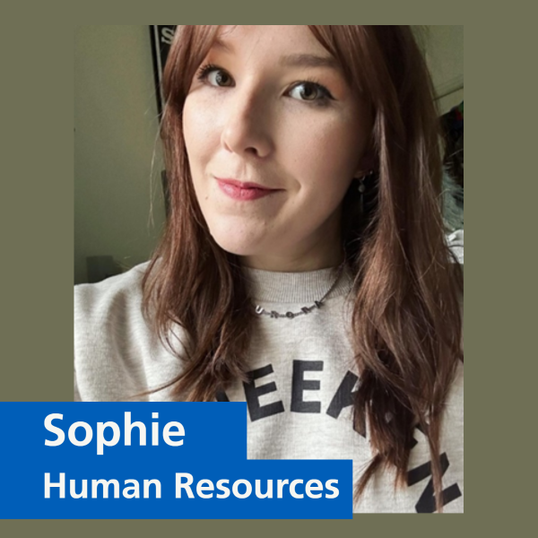 Image of a person smiling at the camera with text that says 'Sophie, Human Resources'