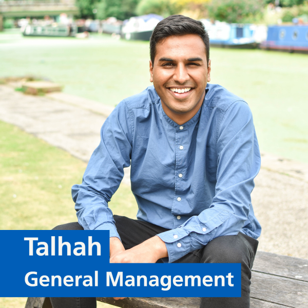 Image of a person smiling at the camera with text that says 'Talhah, General Management'