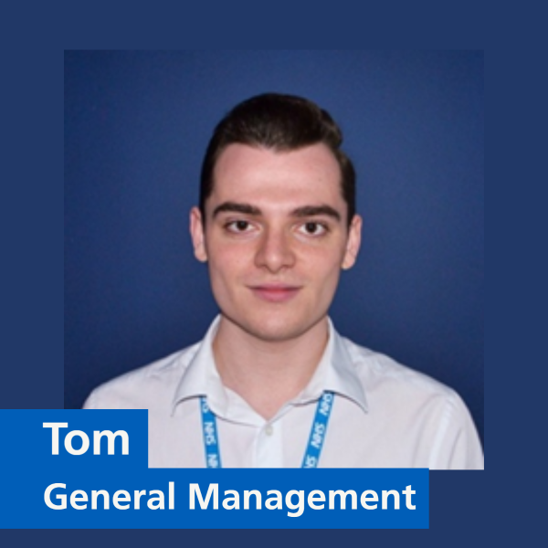 Image of a person smiling at the camera with text that says 'Tom, General Management'