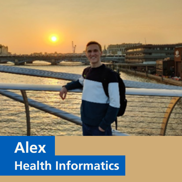 Image of a person on a bridge at sunset, smiling at camera.  Text says 'Alex, Health Informatics'