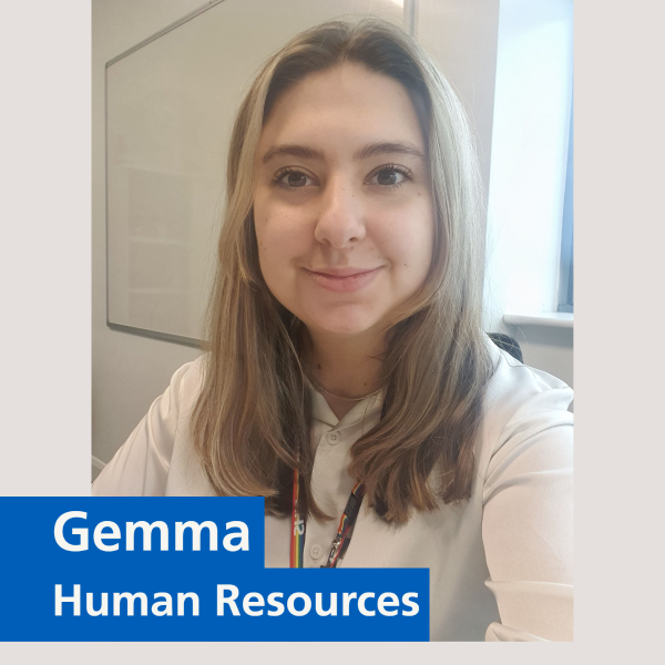 Image of a person smiling at the camera with text that says 'Gemma, Human Resources'