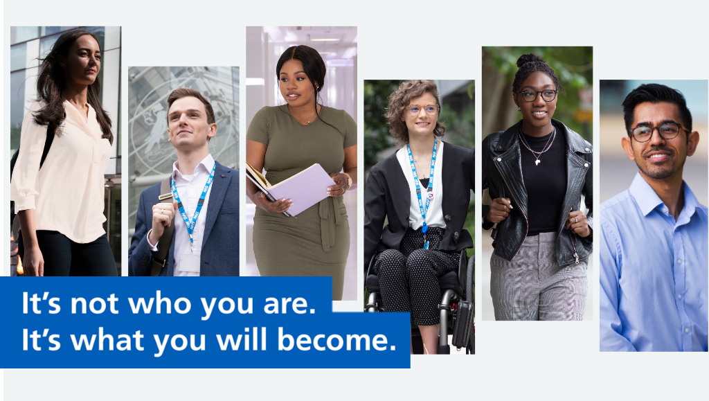 Image of 6 people facing the camera with text that says 'It's not who you are. It's what you will become.'