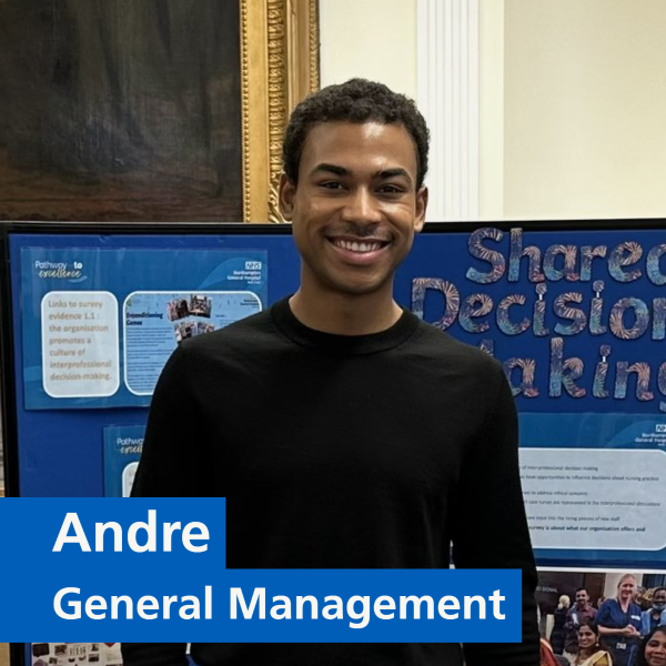 Photo of Andre smiling. Text says 'Andre, General Management'